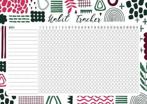 Habit tracker template for monthly.Planner checklist ready to print.Calendar Stock Illustration