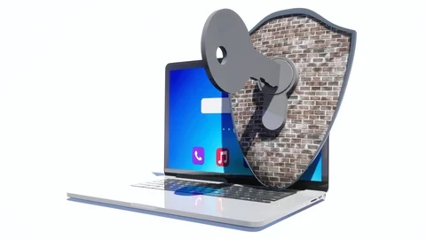 Hack computer protection. laptop, shield and key. 3d illuistration Stock Footage 129749332