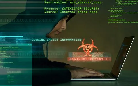 Hack, cyber security and female hacker with laptop coding on website for crypto Stock Photos