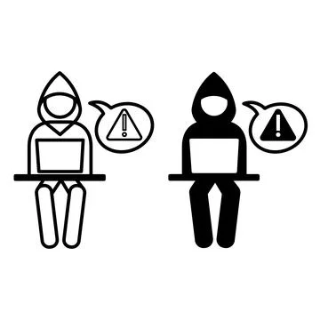 Hack icons. Black and White Vector Icons of Hacker with Computer and Danger.. Stock Illustration