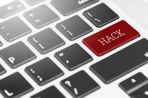 "HACK" Red button keyboard on laptop computer for Business and Technology con Stock Photos