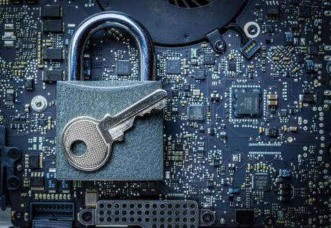 Hack security Data protection. Computer Internet safe with lock, key on Foto stock