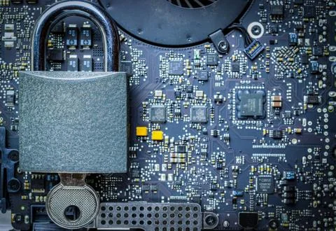 Hack security Data protection. Computer Internet safe with lock, key on Foto stock