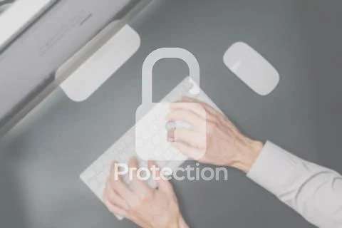 Hack security data protection. Computer Internet safe symbol on blured keyboa Stock Photos