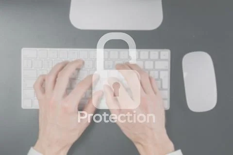 Hack security data protection. Computer Internet safe symbol on blured keyboa Stock-Fotos