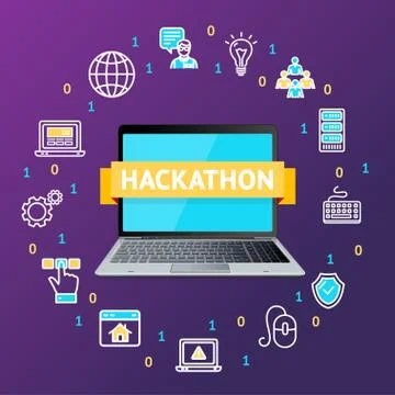 Hackathon Concept with Realistic Detailed 3d Laptop. Vector 库存插图