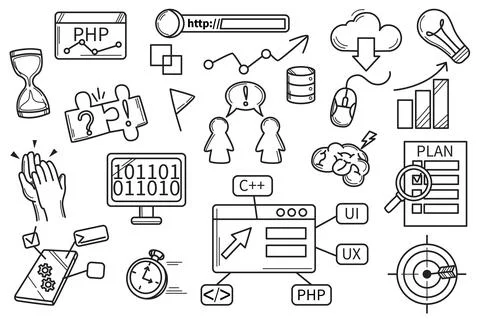 Hackathon doodle icons set of programming and develop software Stockillustratie