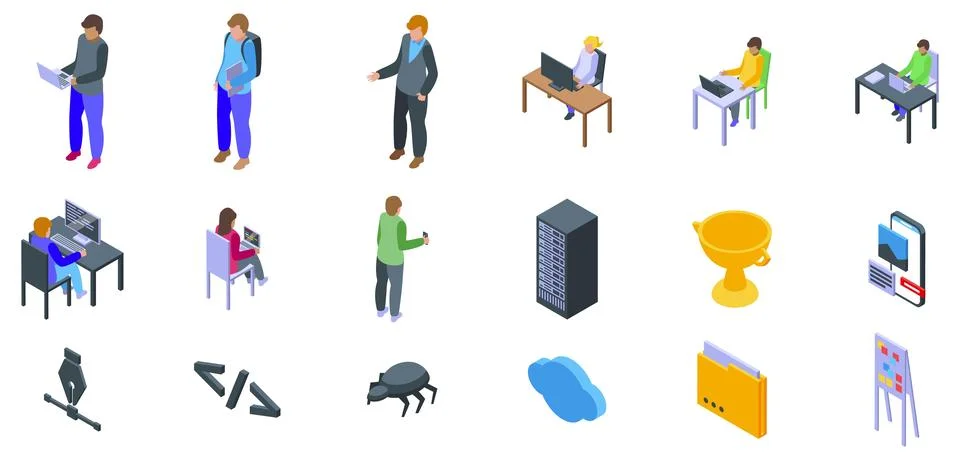 Hackathon icons set. Programmers and developers working, using computers, net Stockillustratie