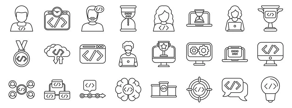 Hackathon icons set. Software development process and resources, programmer.. 스톡 일러스트