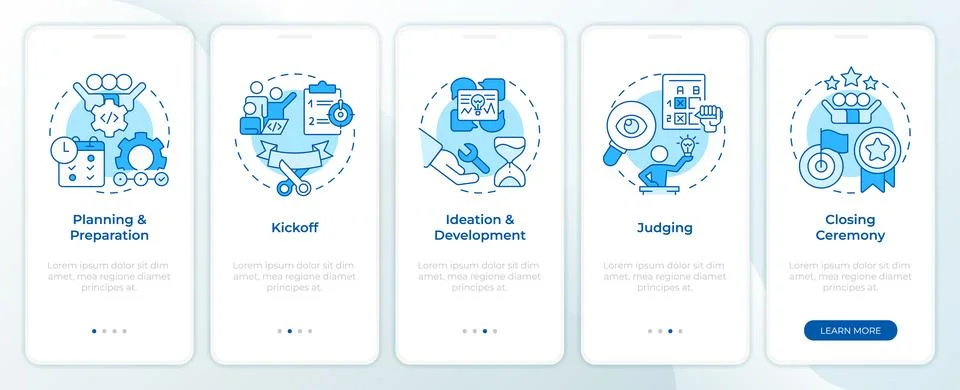 Hackathon process structure blue onboarding mobile app screen Illustrazione stock