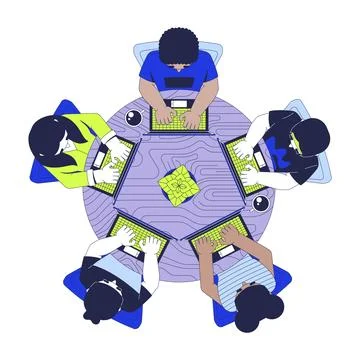 Hackathon programming group top view 2D vector illustration Stock Illustration