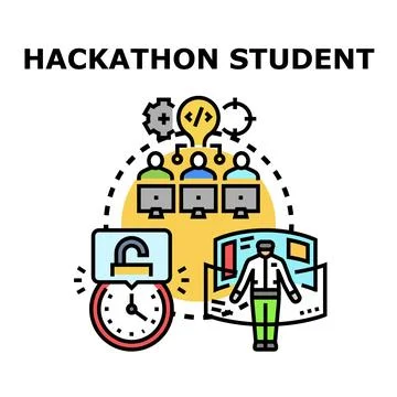 Hackathon student developing solutions and coding programs Ilustração Stock