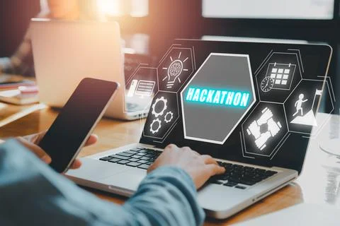 Hackathon technology programming startup concept, Person using laptop compu.. Stock Photos
