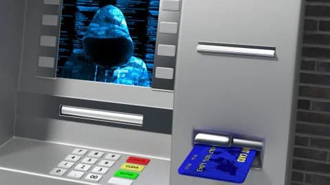 Hacked ATM while inserting credit card showing hoody hacker Illustrazione stock