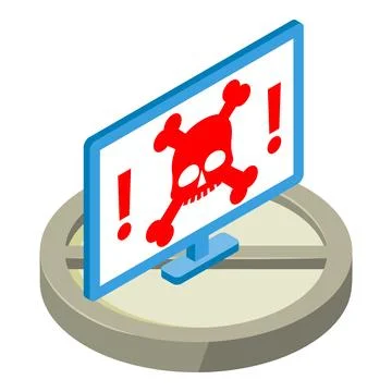 Hacked computer icon isometric vector. Skull bone and exclamation mark on screen Stock Illustration