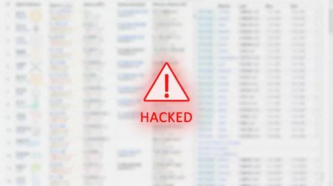 Hacked computer screen concept. Red text. Exclamation mark in a triangle. Stock Photos