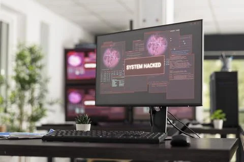 Hacked computer system displayed in empty workspace Stock-Fotos
