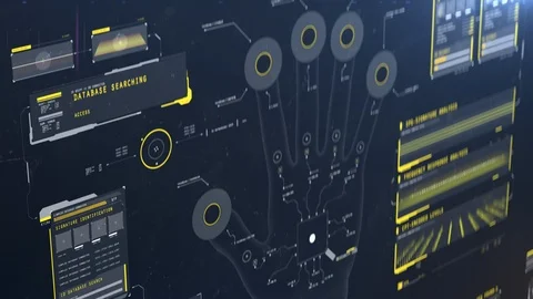 Hacked database, access granted, hackers breaching the system, fingerprint scan Stock Footage 117136497