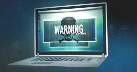 Hacked laptop notebook screen with glitch virus skull symbol warning Stock Footage 157599701