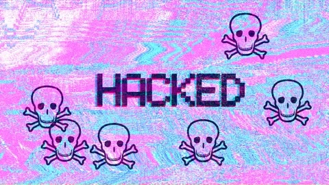HACKED message, funny skulls animation, tv screen or computer damages Stockbeeldmateriaal 119095387