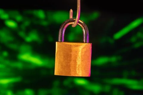 Hacked Security Padlock with Glowing Cyber Grid 库存照片
