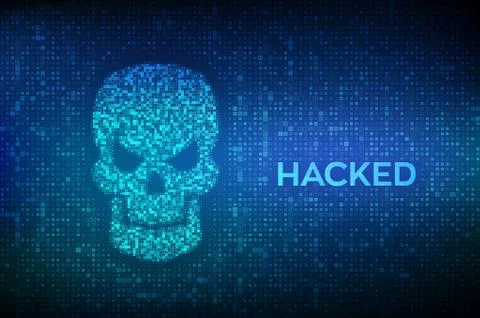 Hacked. Shape of skull made with binary code. Digital code on a screen with a Illustrazione stock