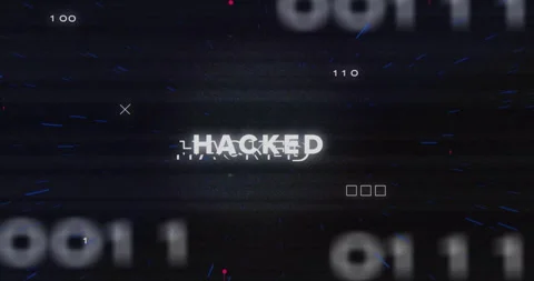 Hacked text animation over binary code and glitch effects on dark background Stock Footage 304020433