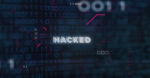 Hacked text image over binary code and digital data background 库存照片