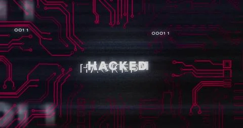 Hacked text image over circuit board design with binary code Stock Illustration