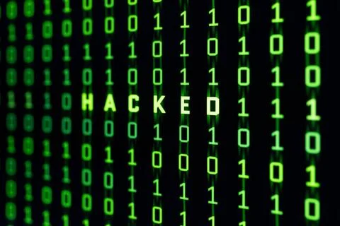 Hacked word on binary code background of a computer screen Hacked word on ... Stockfoto's