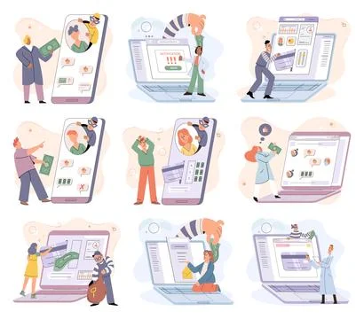 Hacker activity big set. Hacking computer. Phishing account, cyber attack on Stock-Illustration