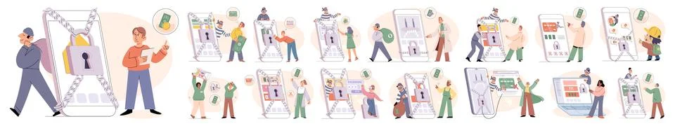 Hacker activity big set. Hacking computer. Phishing account, cyber attack on Stock-Illustration