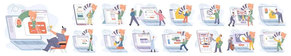 Hacker activity big set. Hacking computer. Phishing account, cyber attack on Stockillustratie