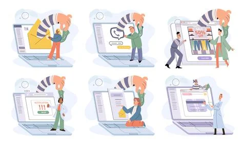 Hacker activity big set. Hacking computer. Phishing account, cyber attack on Stockillustratie