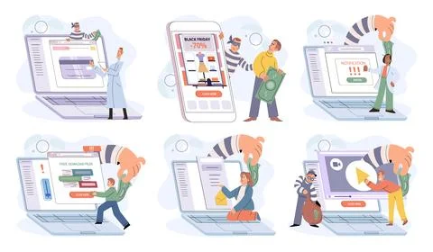 Hacker activity big set. Hacking computer. Phishing account, cyber attack on Stock Illustration