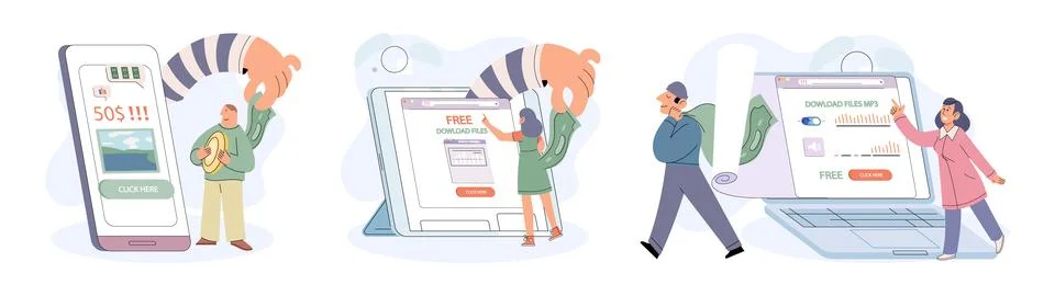 Hacker activity big set. Hacking computer. Phishing account, cyber attack on 스톡 일러스트