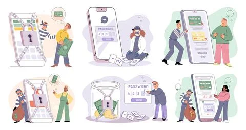 Hacker activity big set. Hacking computer. Phishing account, cyber attack on Stockillustratie