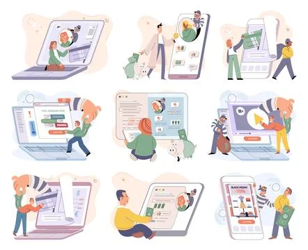 Hacker activity big set. Hacking computer. Phishing account, cyber attack on イラスト素材