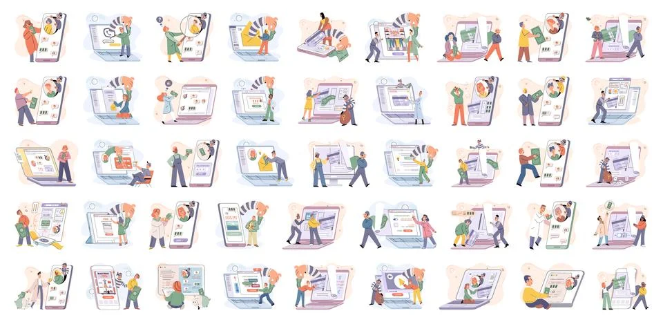 Hacker activity big set. Hacking computer. Phishing account, cyber attack on Stock Illustration