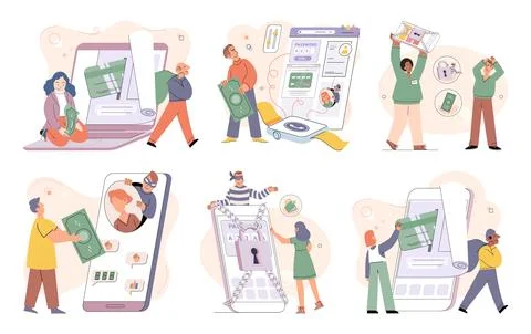 Hacker activity big set. Hacking computer. Phishing account, cyber attack on Stock Illustration