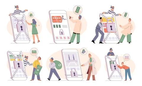 Hacker activity big set. Hacking computer. Phishing account, cyber attack on 스톡 일러스트