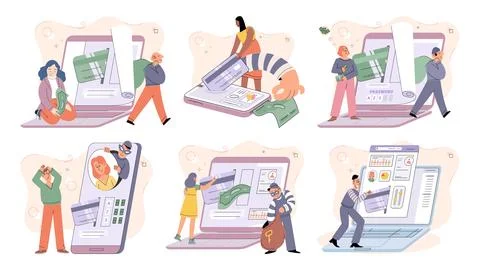 Hacker activity big set. Hacking computer. Phishing account, cyber attack on Stock Illustration