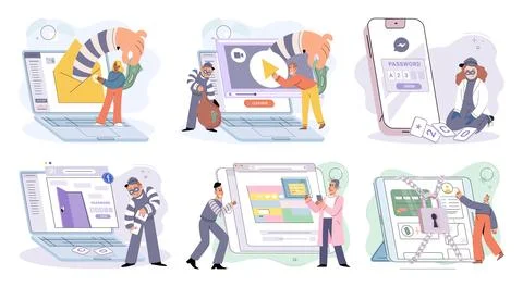 Hacker activity big set. Hacking computer. Phishing account, cyber attack on Stock-Illustration