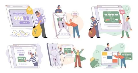 Hacker activity big set. Hacking computer. Phishing account, cyber attack on Stockillustratie