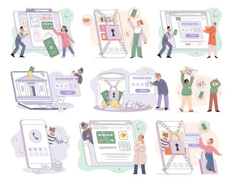 Hacker activity big set. Hacking computer. Phishing account, cyber attack on イラスト素材