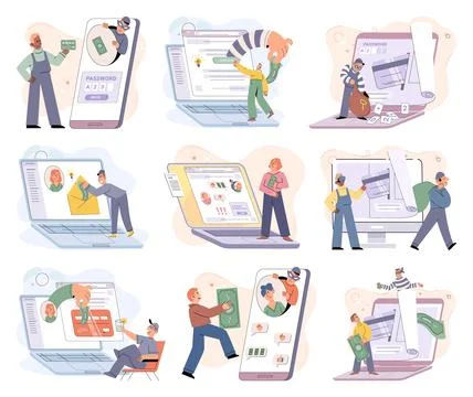 Hacker activity big set. Hacking computer. Phishing account, cyber attack on Stockillustratie