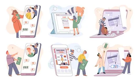 Hacker activity big set. Hacking computer. Phishing account, cyber attack on Illustrazione stock