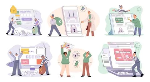 Hacker activity big set. Hacking computer. Phishing account, cyber attack on 库存插图