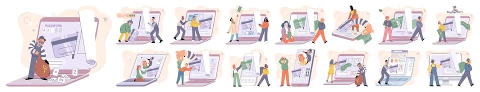 Hacker activity big set. Hacking computer. Phishing account, cyber attack on Illustrazione stock