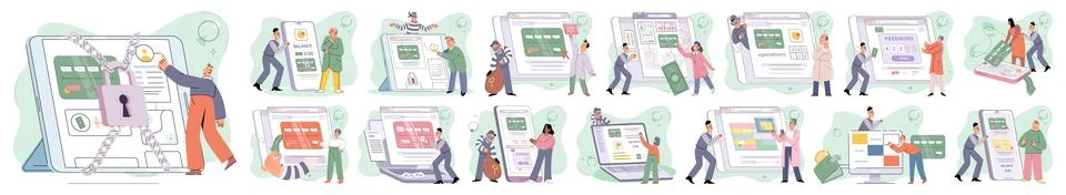 Hacker activity big set. Hacking computer. Phishing account, cyber attack on Stock Illustration